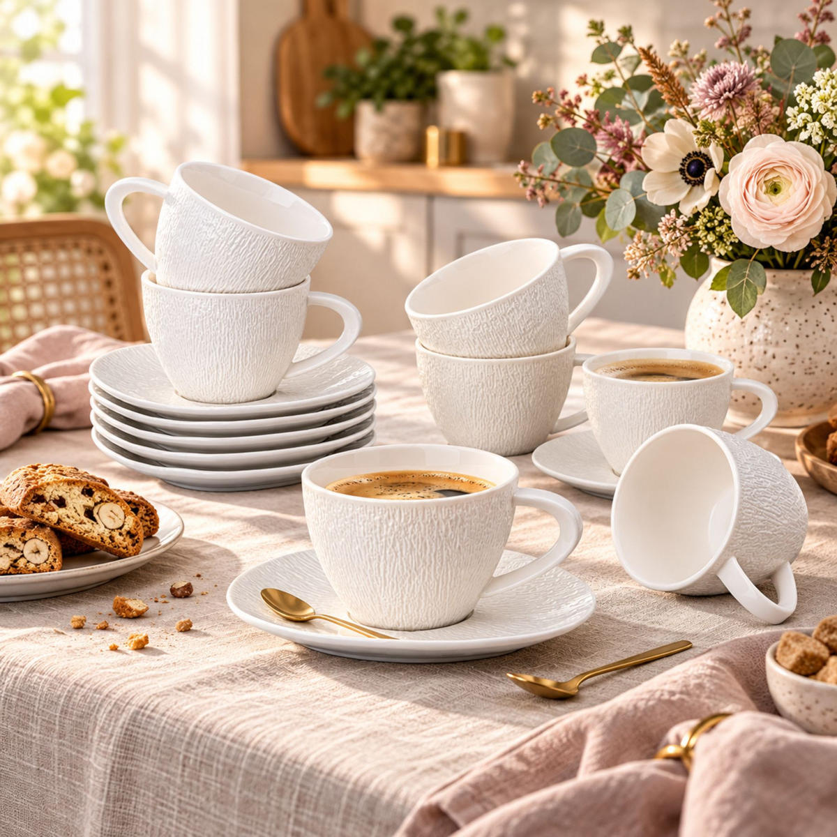 KAFFEETASSEN ALYA creme- weiß in Schieferoptik 12-tlg - Weiß, Keramik (8.5/7/15.5cm) - Mulex
