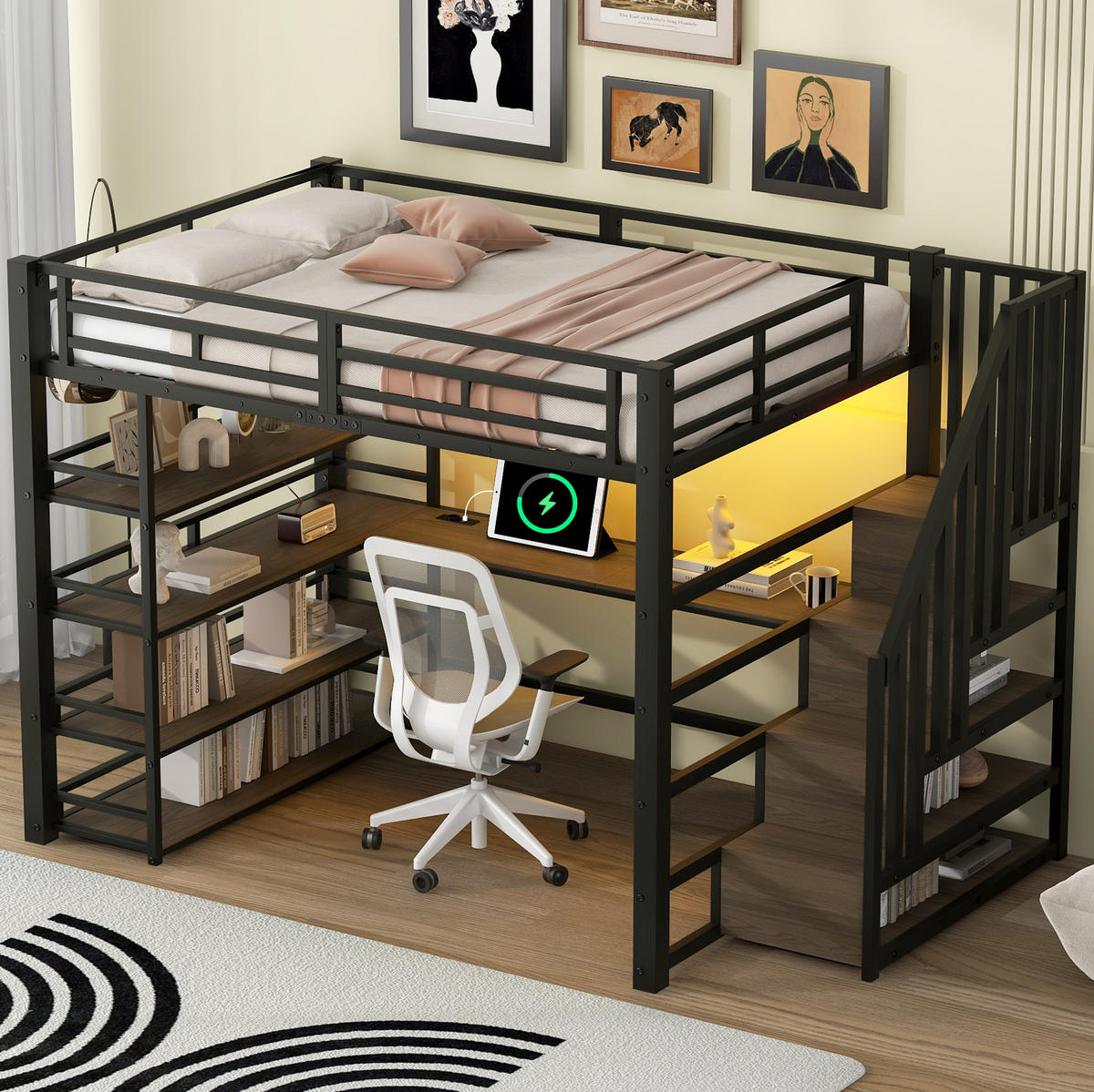 VYVÝŠENÁ posteľ 140/200 cm čierna z kovu a MDF s písacím stolom, schodmi, policami, LED osvetlením a USB - čierna, kompozitné drevo (140/200cm) - OKWISH