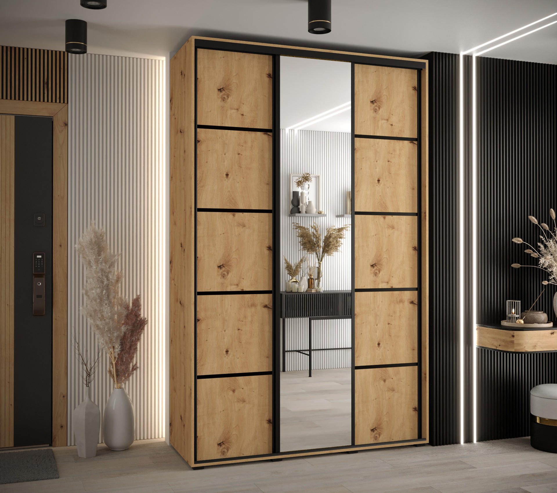 SCHWEBETÜRENSCHRANK 235,2/150/60 3-türig - Schwarz/Eiche Artisan, Holz/Metall (150/235/60cm) - Abiks Möbel