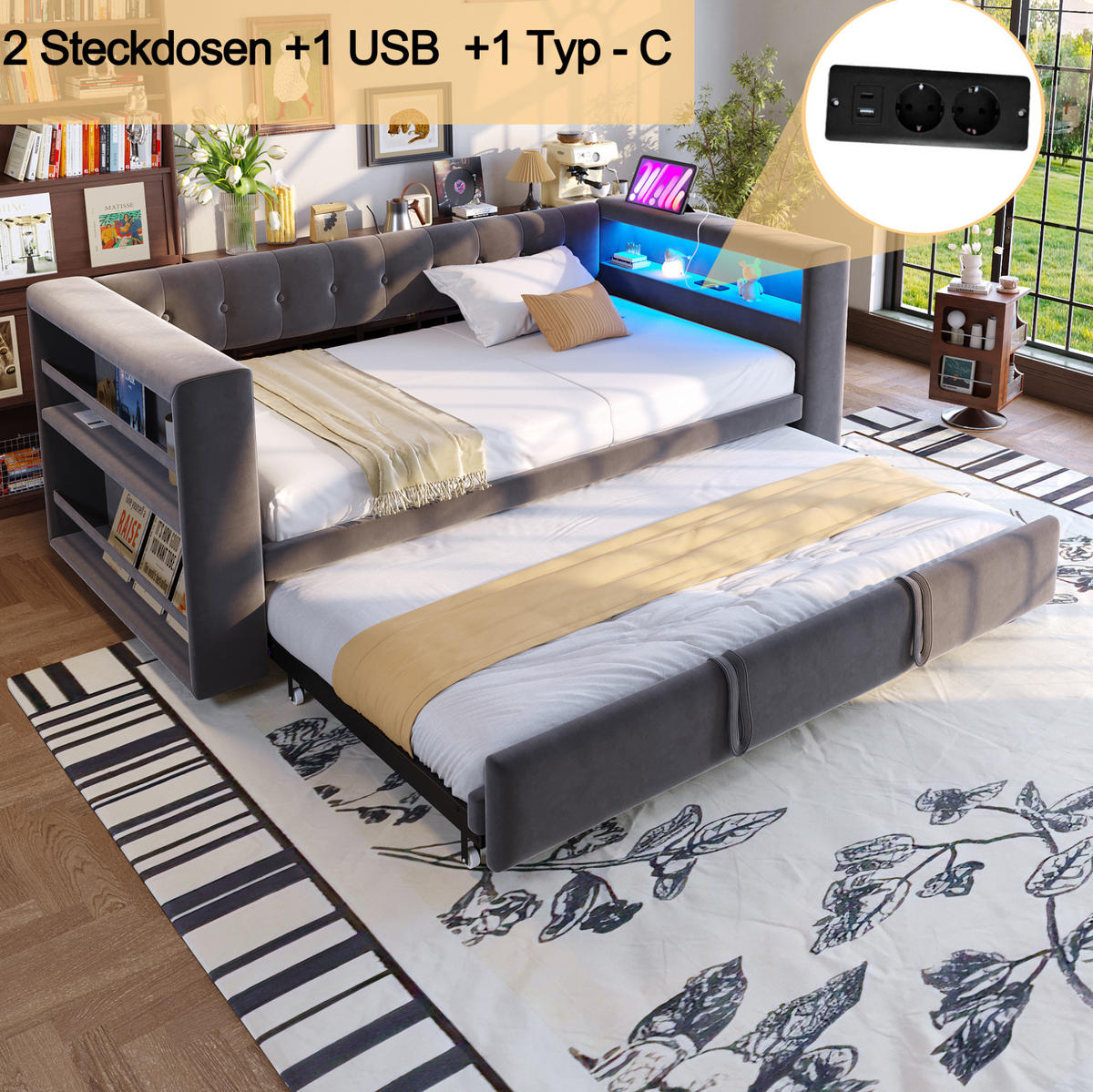 POLSTERBETT 90/180 x 190 cm aus Flannelette mit LED und Stauraum Dunkelgrau/Hellgrau - Dunkelgrau, Textil (90/180cm) - Modenvie
