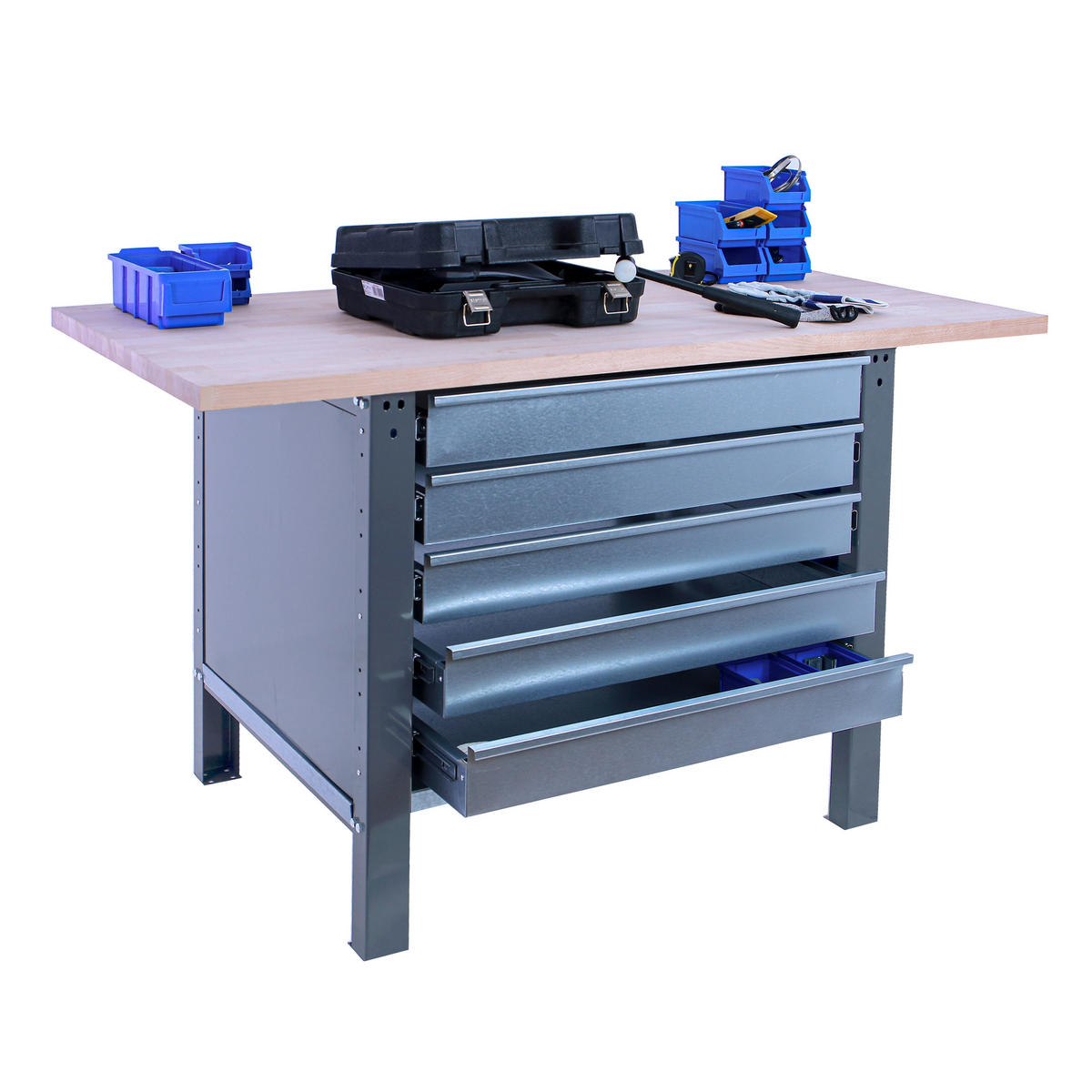 WERKBANK Buffalo Wood mit 5x Schublade HxBxT 86,5 x 150 x 75 cm Traglast 1000 kg Grau - Grau, Metall (150/86.5/75cm) - PROREGAL