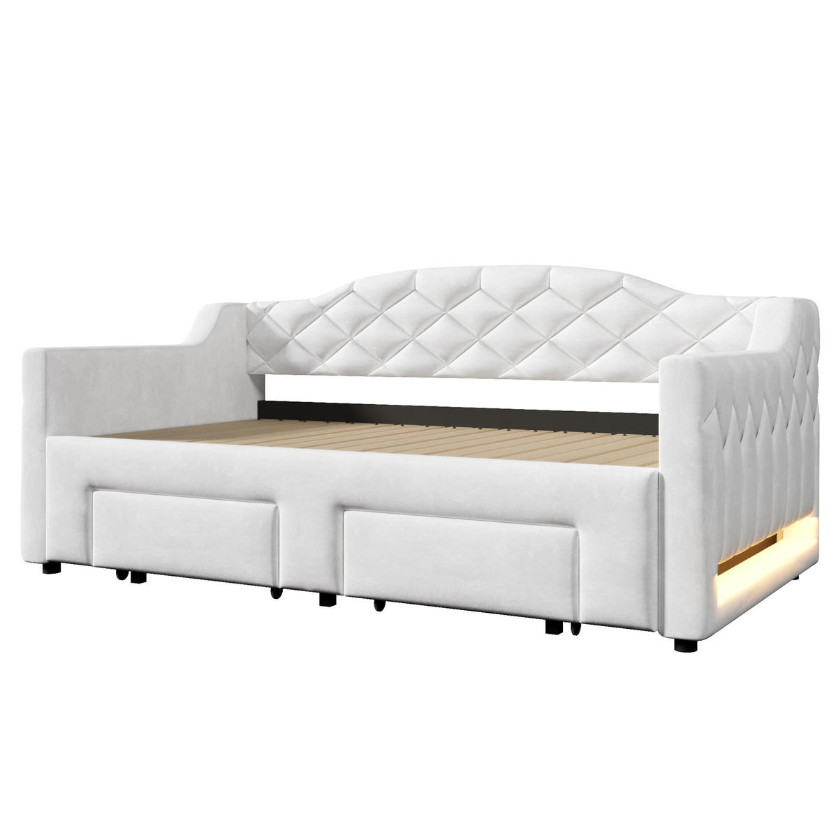 DENNÁ posteľ 90/200 cm biela rozkladacia na 180/200 cm s LED a zásuvkami z MDF, preglejky a zamatu - biela, textil (90/200cm) - OKWISH