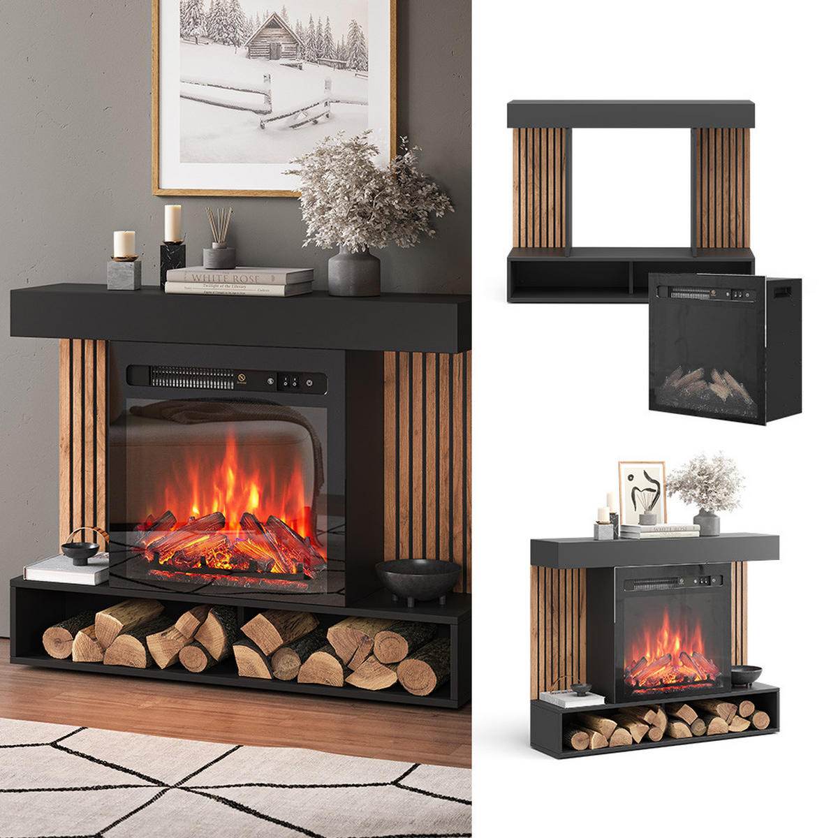 ELEKTROKAMIN Lynea Schwarz 100 cm mit realistischem Flammeneffekt und Heizung 1800W - Schwarz, Holzwerkstoff (100/80/25cm) - Vicco