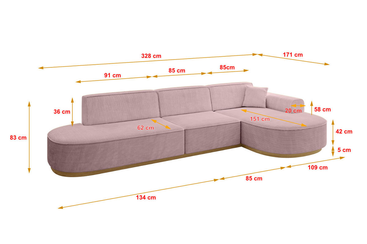 ECKSOFA Ottomane Rechts MARI-L2-v2 - 328x171x83 cm Rosa Cord - Rosa, Holzwerkstoff/Textil (171/328cm) - ALTDECOR