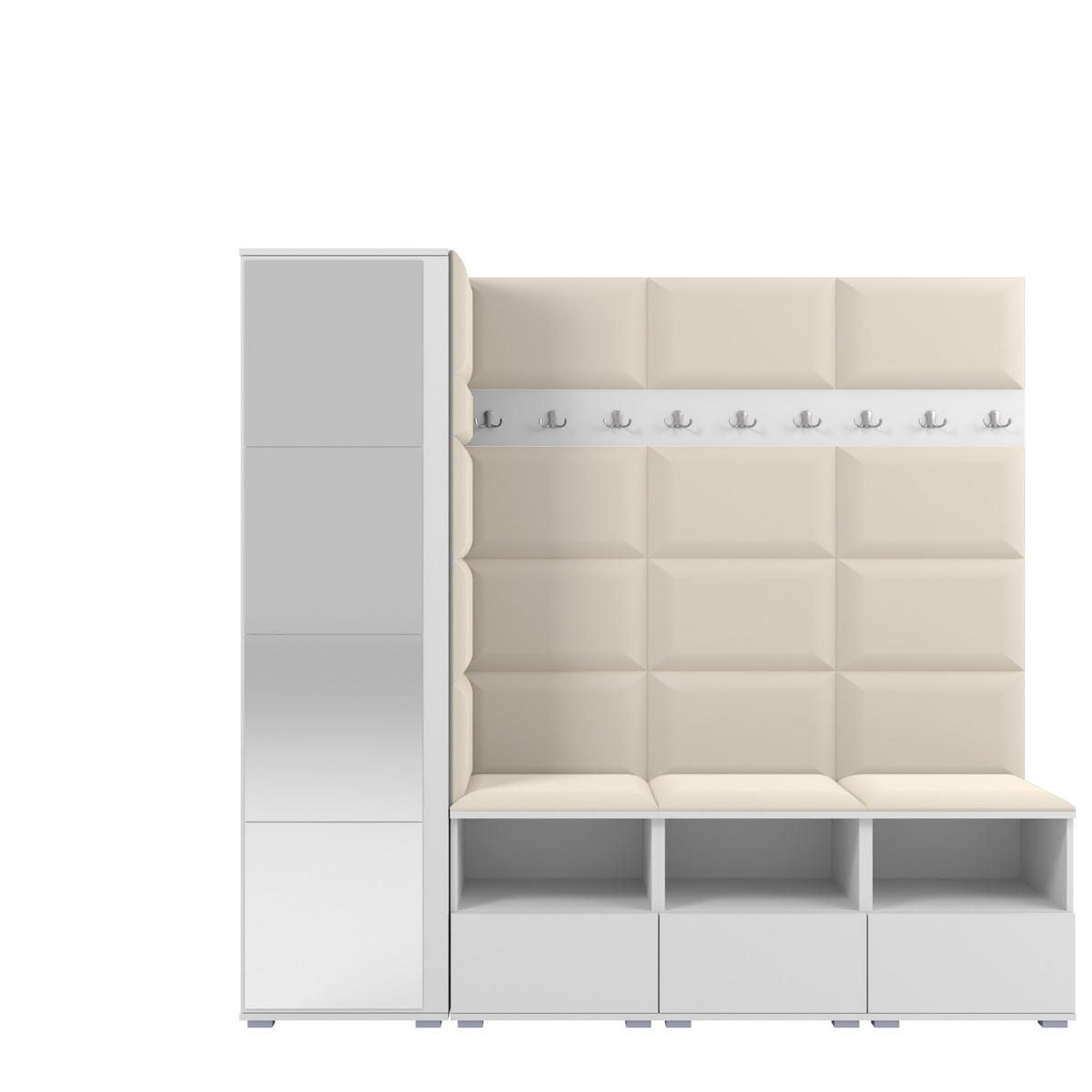 GARDEROBE NELA IX 200 cm (Modulare Flurmöbel Weiß mit Spiegel & Sitzpolster Creme 01 Breite Sitzbank) - Silberfarben/Creme, Holz/Holzwerkstoff (200/187/40cm) - Ravio