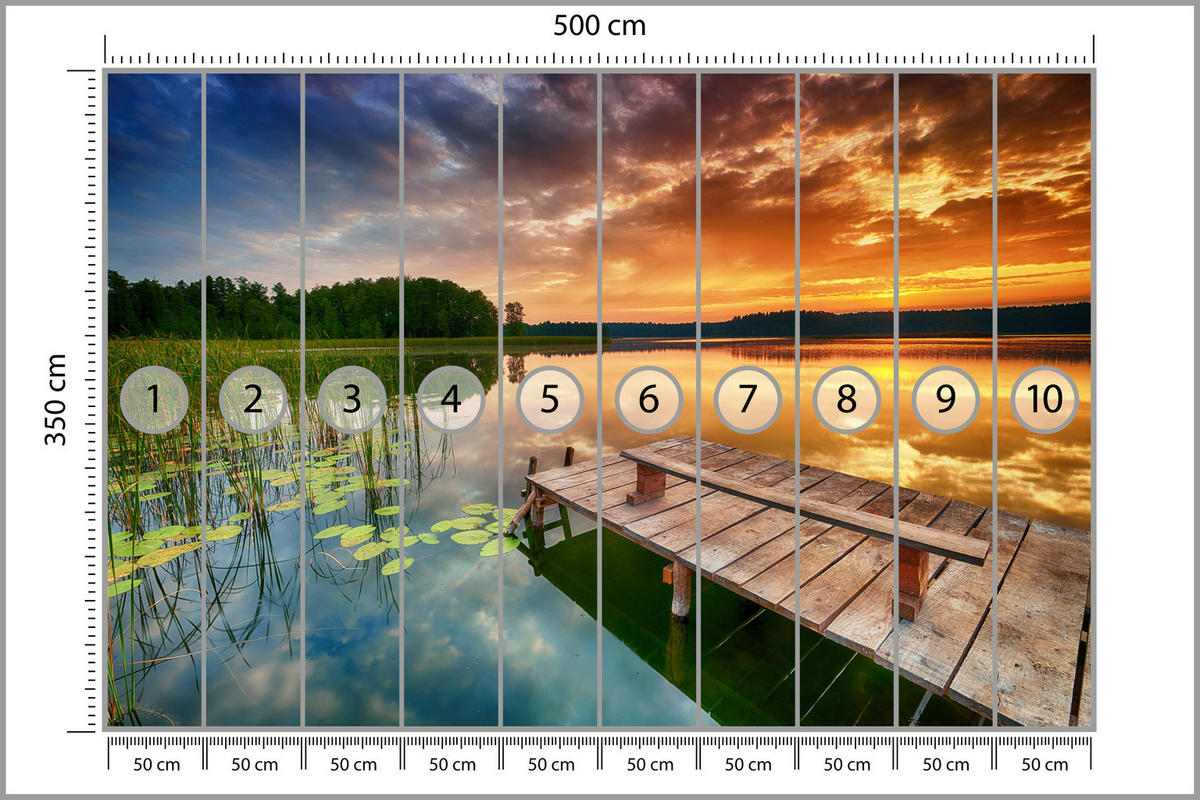 FOTOTAPETE für Wohnzimmer Sonnenuntergang See Steg Bäume 500x350 - Gelb/Beige, Papier (500/350cm) - Muralo