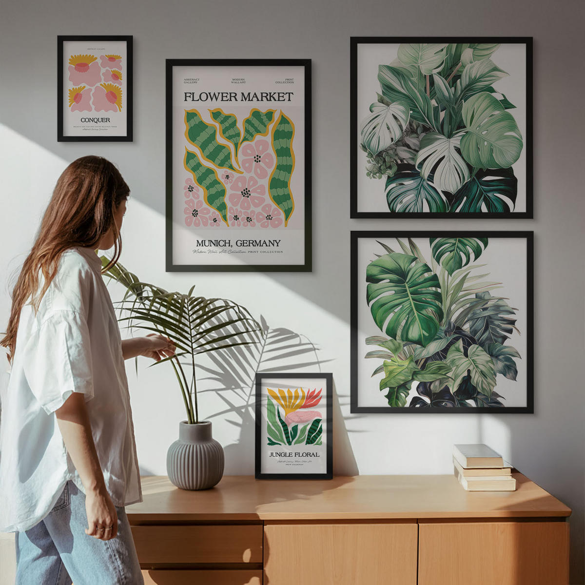 BILDER SET 5er Set - 50x50 cm & 20x30 cm & 40x60 cm Schwarzer Rahmen - Blumen und Blätter – moderne Poster - Schwarz, Kunststoff (40/60cm) - TULUP