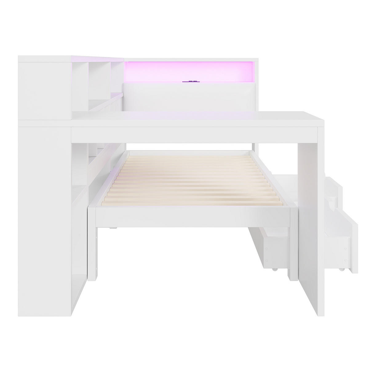 TAGESBETT 90/200 cm mit Schreibtisch, Bücherregal, LED-Beleuchtung und Stauraum, Weiß - Weiß, Holzwerkstoff (90/200cm) - Redom