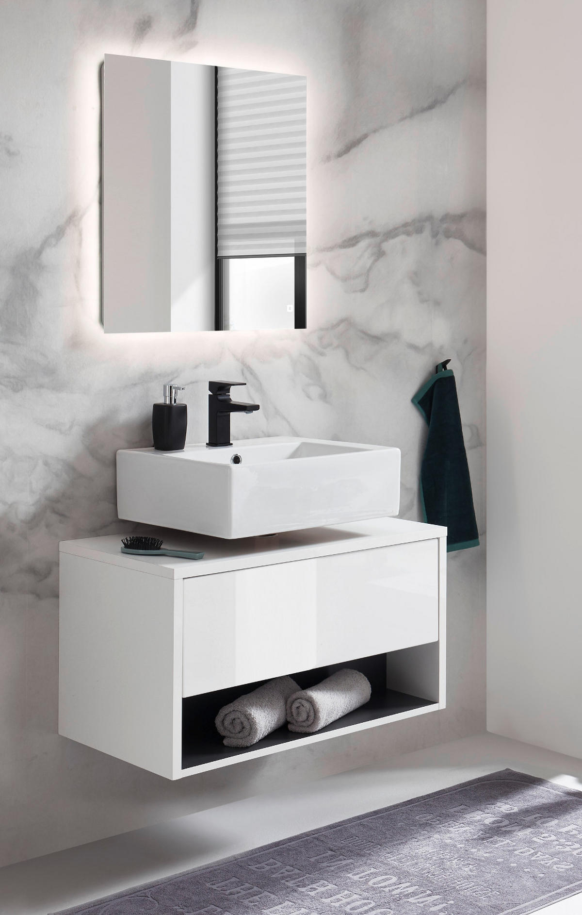 BADMÖBEL Set 2-teilig in weiß Hochglanz und grau mit LED Beleuchtung 80 x 190 cm Glide - Weiß Hochglanz/Grau, Glas/Holzwerkstoff (80/190/46cm) - Furn.Design