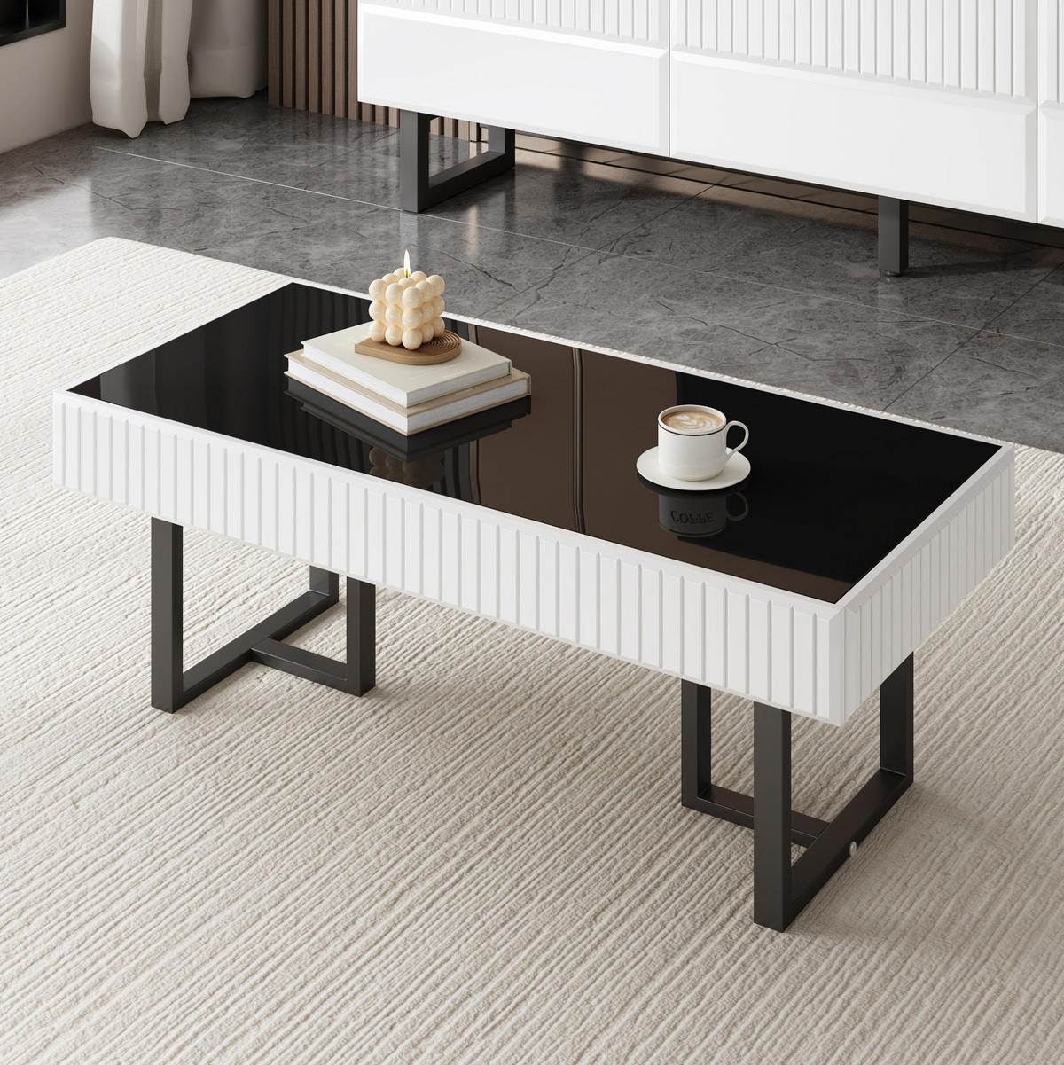 COUCHTISCH 110/50.5/41 cm in Schwarz-Weiß aus MDF und Spanplatte mit hochglänzender Tischplatte - Schwarz, Holzwerkstoff (110/50.5/41cm) - OKMYHOME