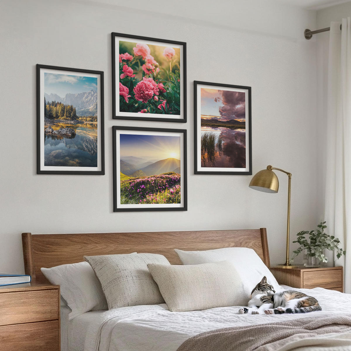 BILDER SET 4er Set - 50x50 cm & 40x60 cm Schwarzer Rahmen - Blumengarten, Bergwiese, Wasser - Schwarz, Kunststoff (50/50cm) - TULUP