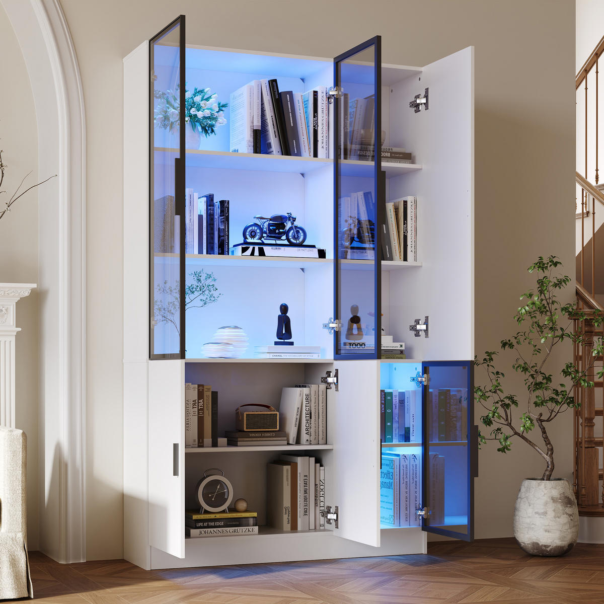VITRINE 200 cm Weiß mit LED und Aluminiumrahmen - Weiß, Holzwerkstoff (120/200/35cm) - FLIEKS