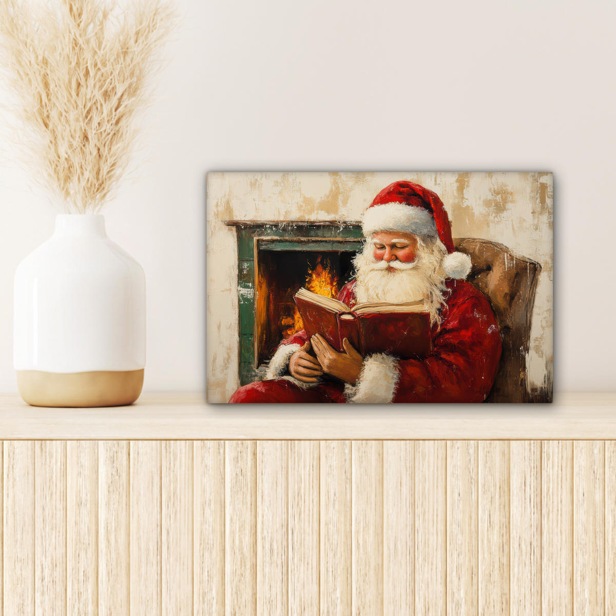 LEINWANDBILD Weihnachten - Weihnachtsmann - Winter - Open Fireside 30x20 cm - Dunkelrot, Textil (30/20cm) - MuchoWow
