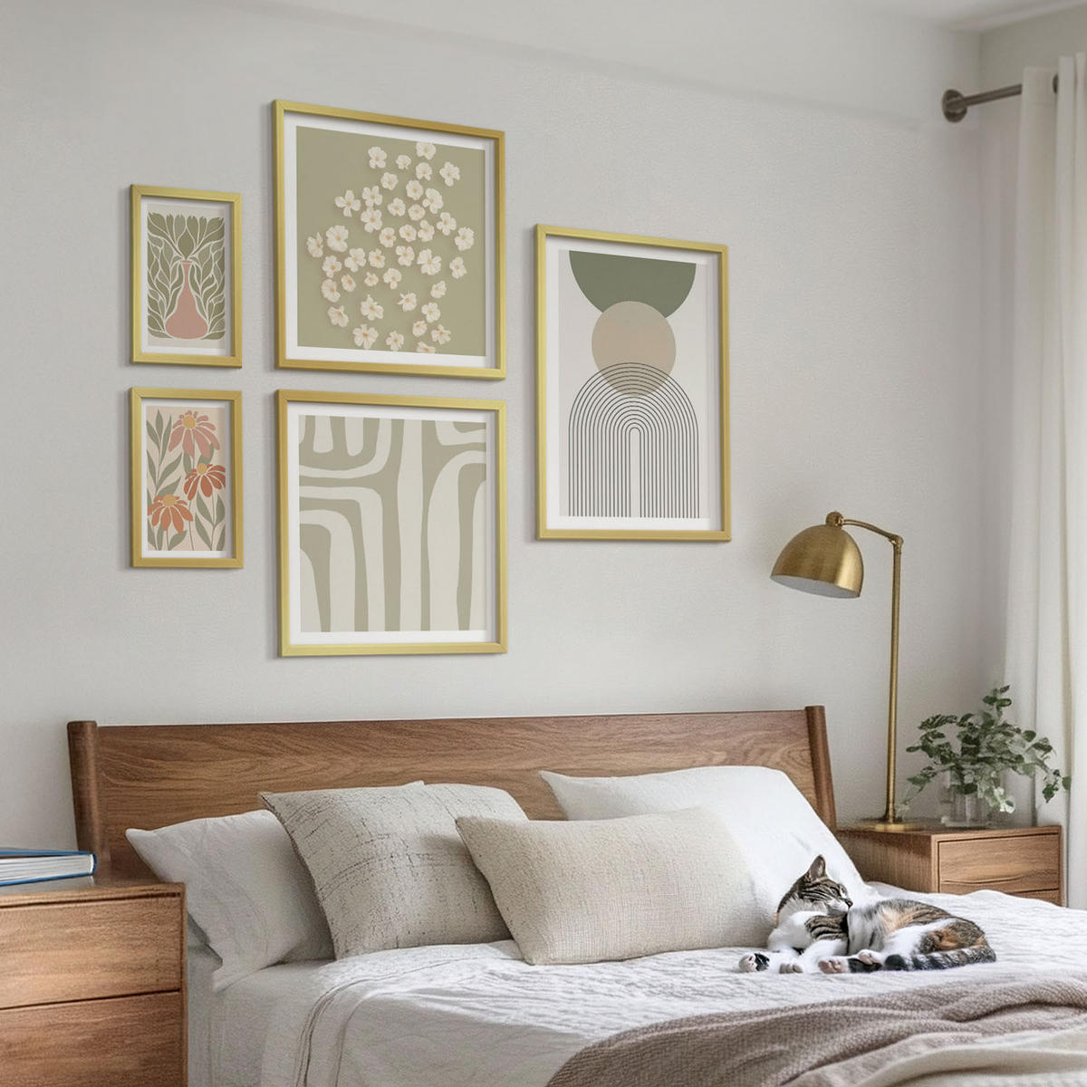 BILDER SET 5er Set - 50x50 cm & 20x30 cm & 40x60 cm Goldrahmen - Floraler minimalistischer Boho-Stil - Goldfarben, Kunststoff (40/60cm) - TULUP