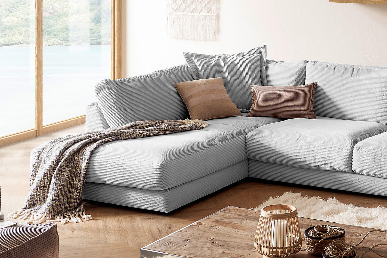 WOHNLANDSCHAFT MADELINE Hellgrau Cord - Hellgrau/Schwarz, Kunststoff/Textil (425/86/224cm) - KAWOLA