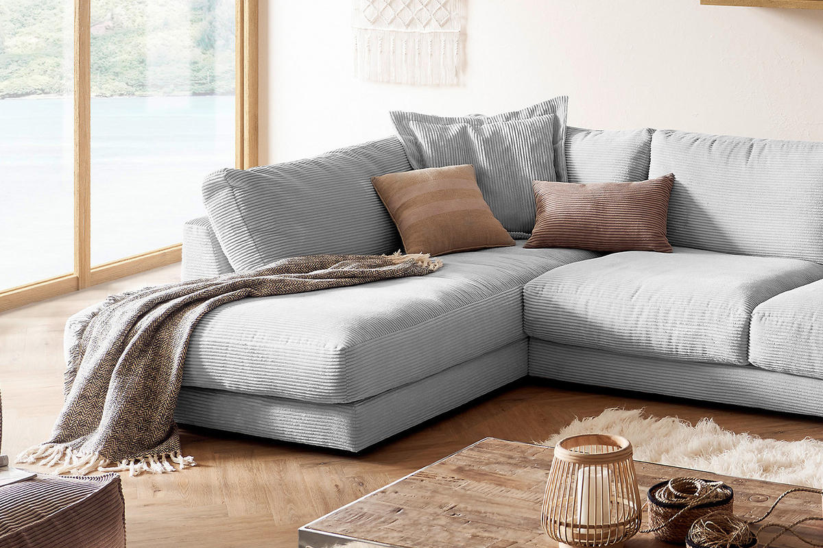 WOHNLANDSCHAFT MADELINE Hellgrau Cord - Hellgrau/Schwarz, Kunststoff/Textil (425/86/224cm) - KAWOLA