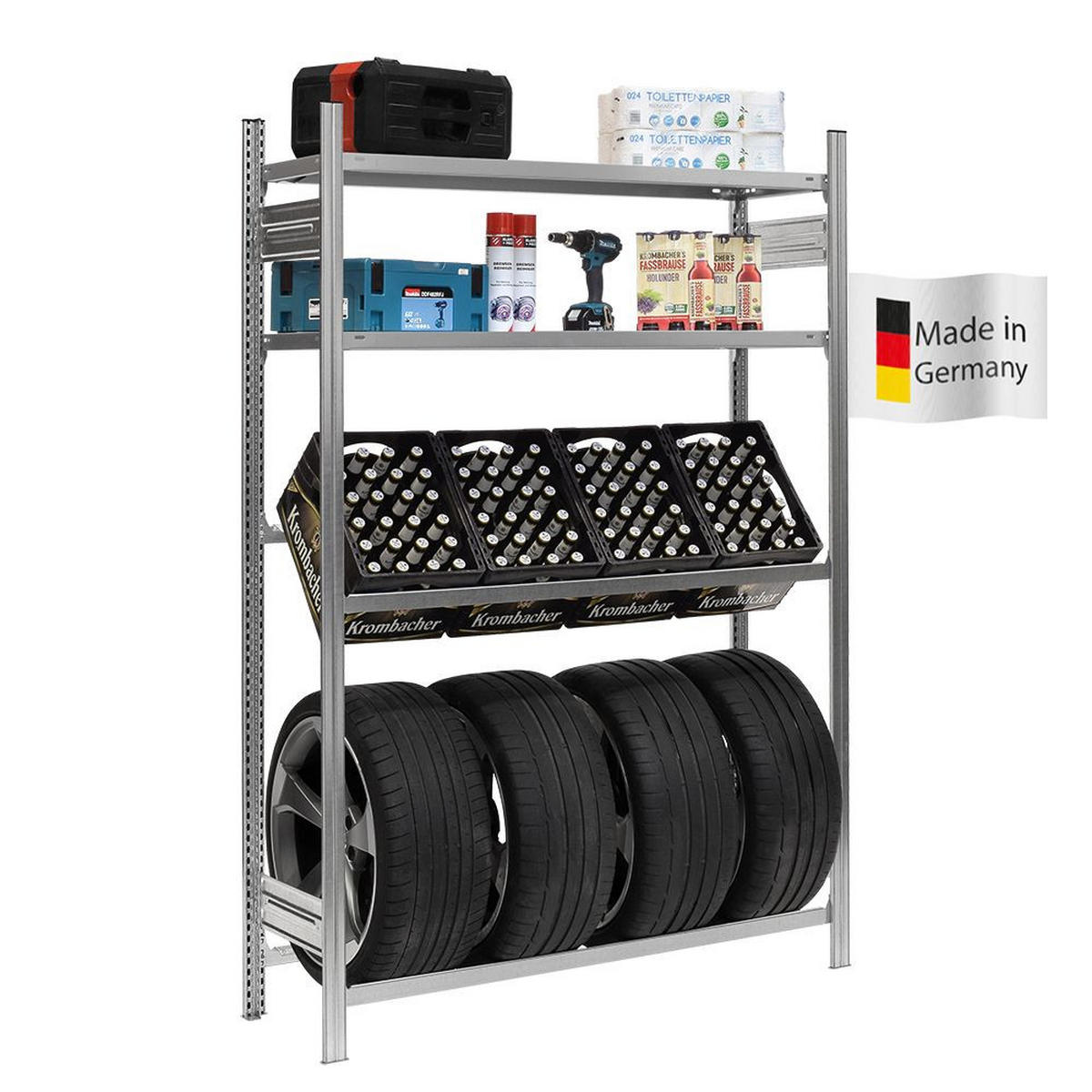 GETRÄNKEKISTEN- & REIFENREGAL Chiemsee TIRE 200x136x43,5cm 3 Kisten auf 1 Ebene + 4 Reifen & 2 Boards Verzinkt - Hellgrau, Metall (136/200/43.5cm) - PROREGAL