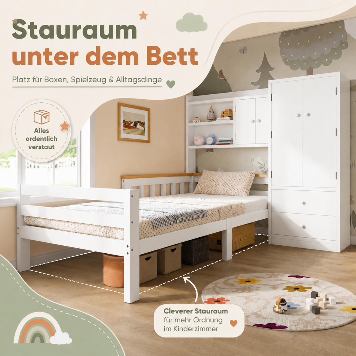 KINDERBETT aus Massivholz und MDF 90x200 cm Weiß mit Kleiderschrank, Schubladen und Regalfächern - Weiß, Holz (90/200cm) - Modfu
