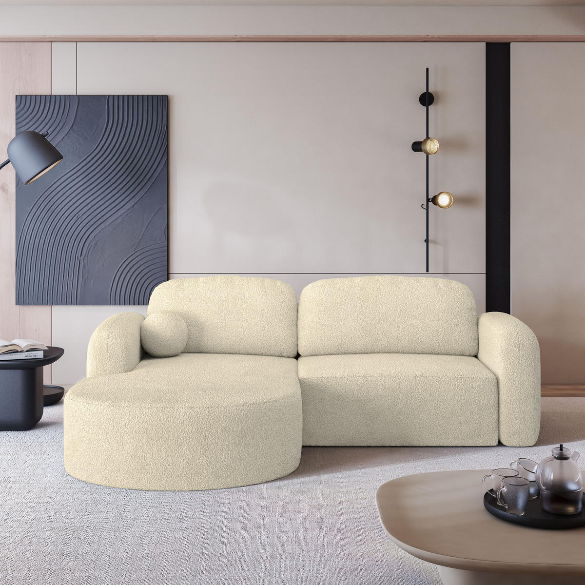 ECKSOFA AMILIA L-S Creme Boucle-Stoff mit Schlaffunktion - Creme, Holz (263/174cm) - MASSENO