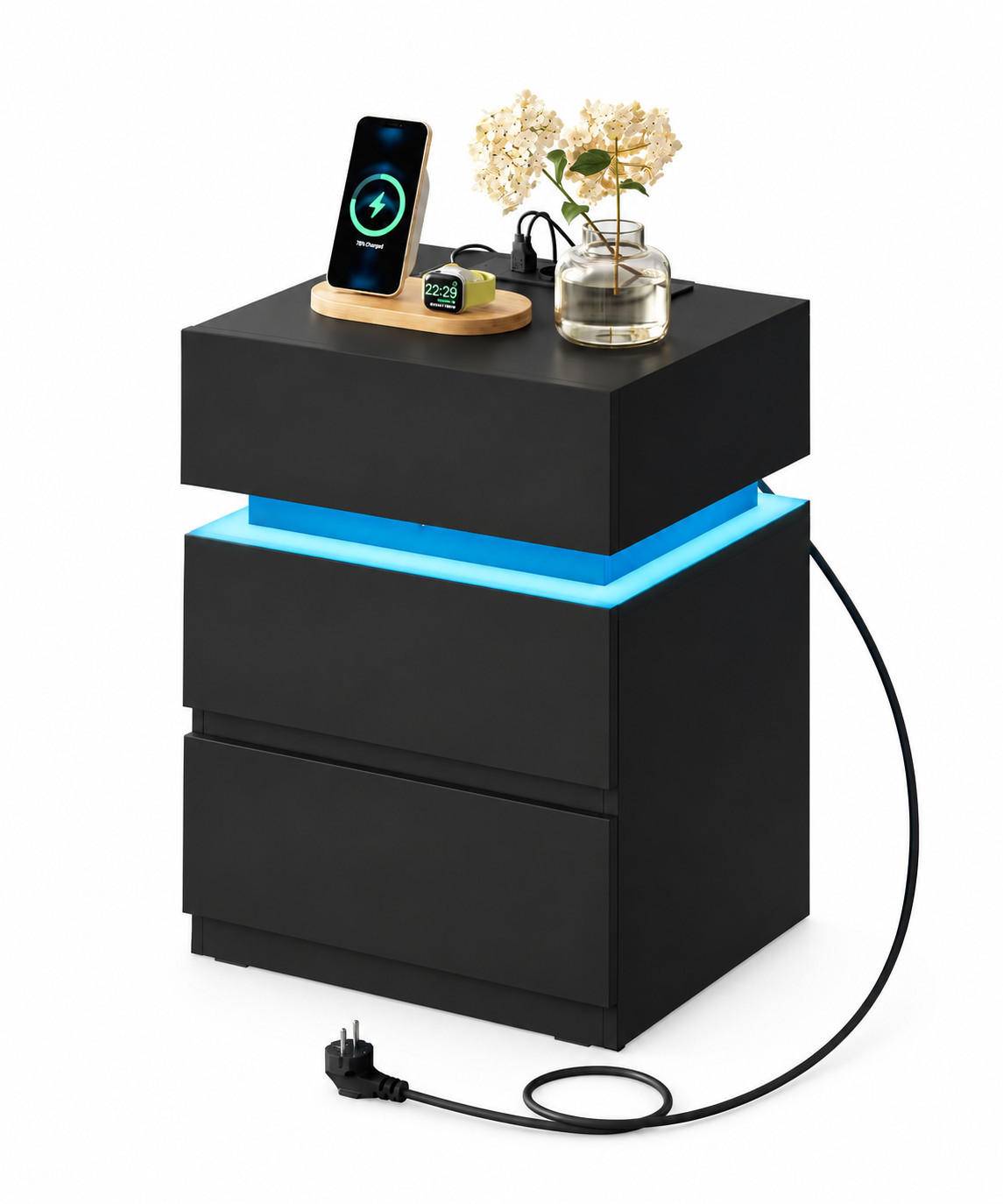 NACHTTISCH mit Ladefunktion und LED, Schwarz - Schwarz, Holzwerkstoff (40/55/35cm) - Woltu