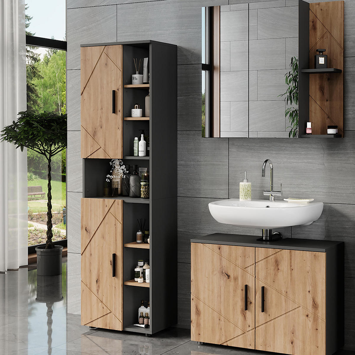 HOCHSCHRANK Irma Anthrazit/Artisan 50 x 172 cm mit 2 Türen - Anthrazit/Eiche Artisan, Holzwerkstoff (50/172/30cm) - Vicco
