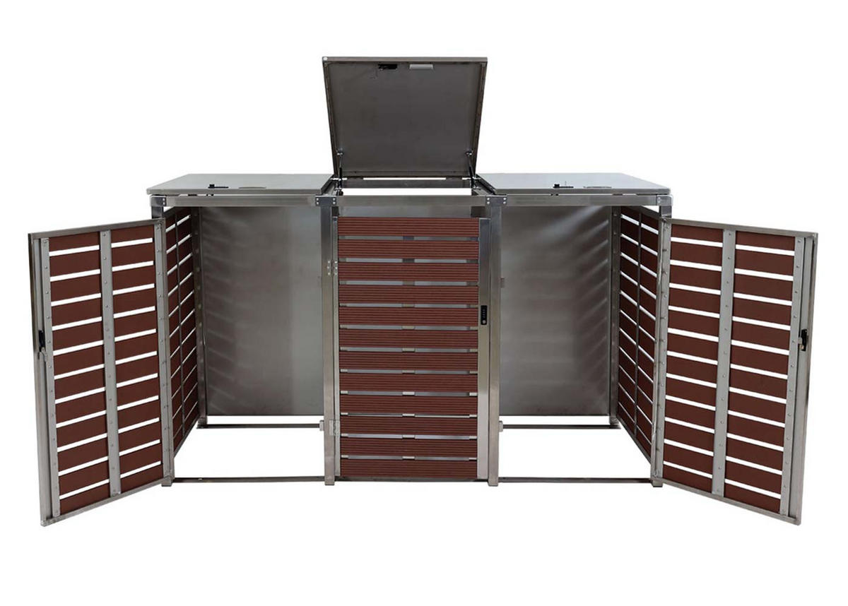 MÜLLTONNENBOX 3er HxBxT 120x200x85cm Walnuss-Holzoptik WPC Edelstahl 104kg - Braun, Metall (200/120/85cm) - PROREGAL