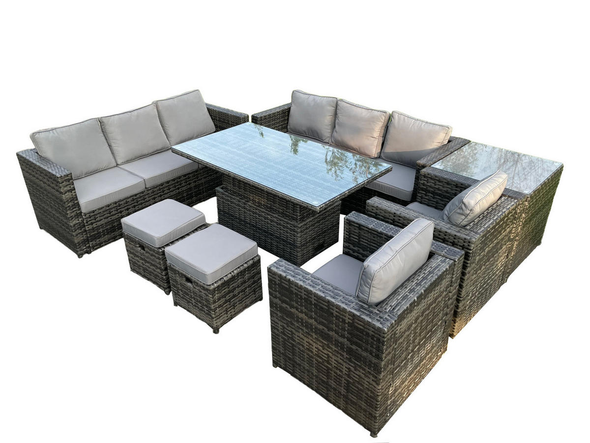GARTENMÖBEL HÖHENVERSTELLBARER ESSTISCH SET Polyrattan Outdoor 7-Sitzer - Dunkelgrau/Grau, Glas/Kunststoff - Fimous