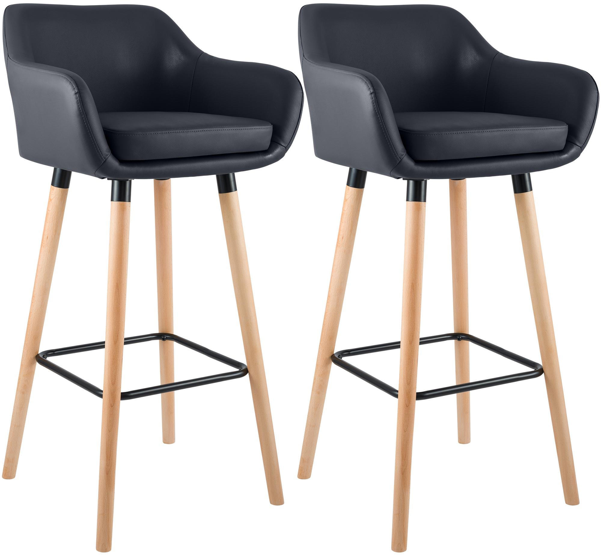 BARHOCKER 2er Set Lederlook Schwarz - Eukalyptusholzfarben/Schwarz, Holz/Textil (55/99/46cm) - CLP