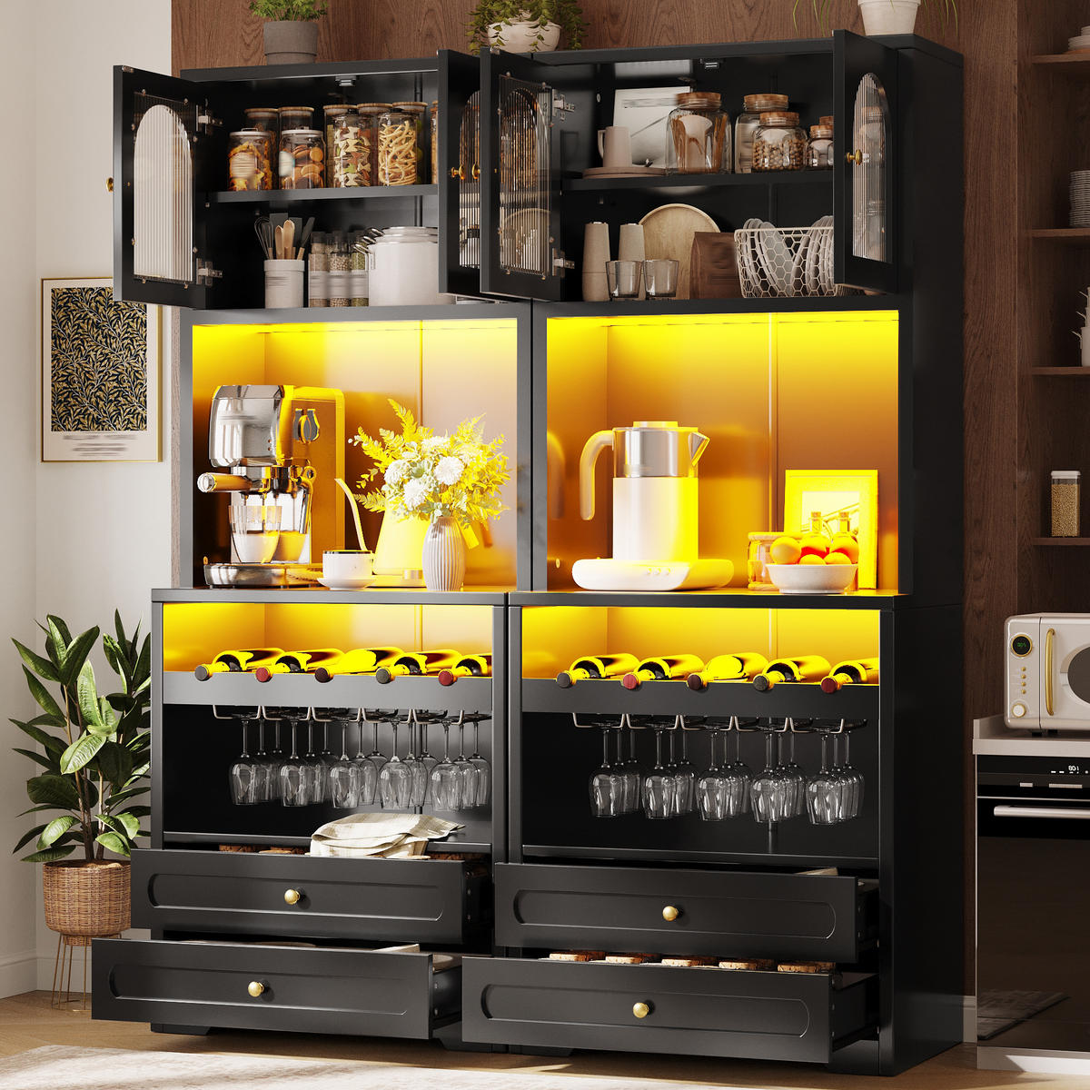 BUFFET DE-38477 2er-Set 70/40/180 cm mit LED-Beleuchtung Schwarz - Schwarz, Holzwerkstoff (70/180/40cm) - ComfortXL