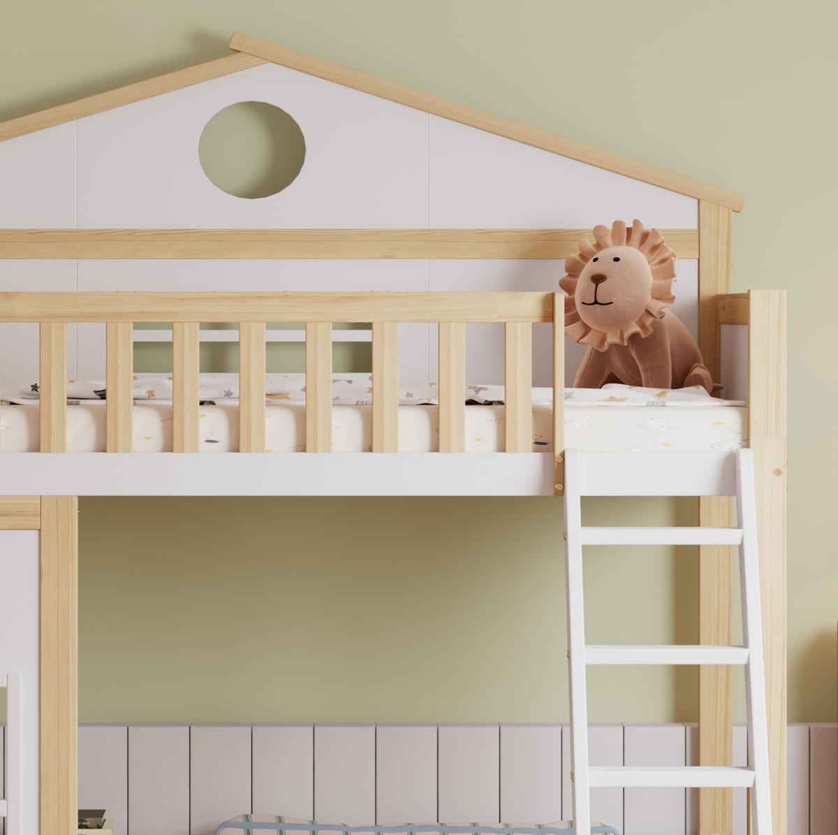 POSCHODOVÁ posteľ 90/200 cm biela/prírodná so schodíkmi, strieškou a okienkami z masívu a MDF - biela, drevo (90/200cm) - OKWISH