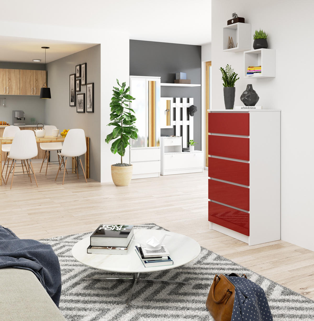 KOMMODE Weiß, Rot Glanz 121/60/40 - Weiß, Holzwerkstoff (60/121/40cm) - RAUMHIRSCH FURNITURE