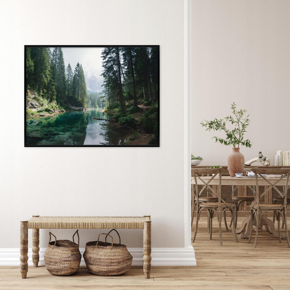 BILDER mit Rahmen Wald Fluss Grün 100x70 cm - Multicolor, Holzwerkstoff (100/70cm) - Wallarena