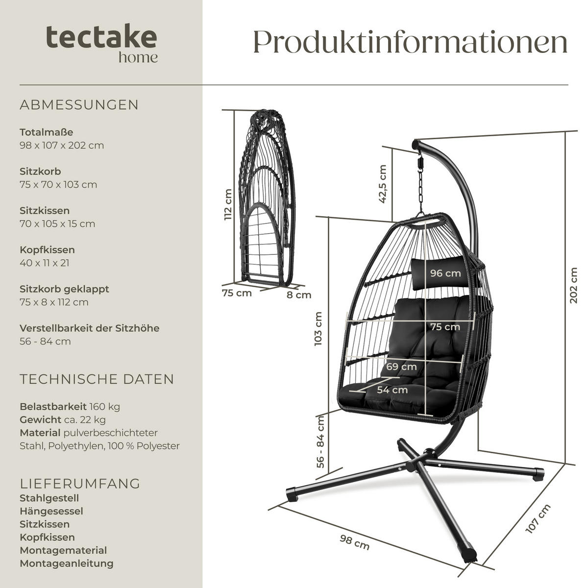 HÄNGESESSEL Ariane,inklusive Schutzhülle, 98 x 107 x 202 cm,schwarz - Schwarz, Kunststoff/Textil (98/202/107cm) - tectake