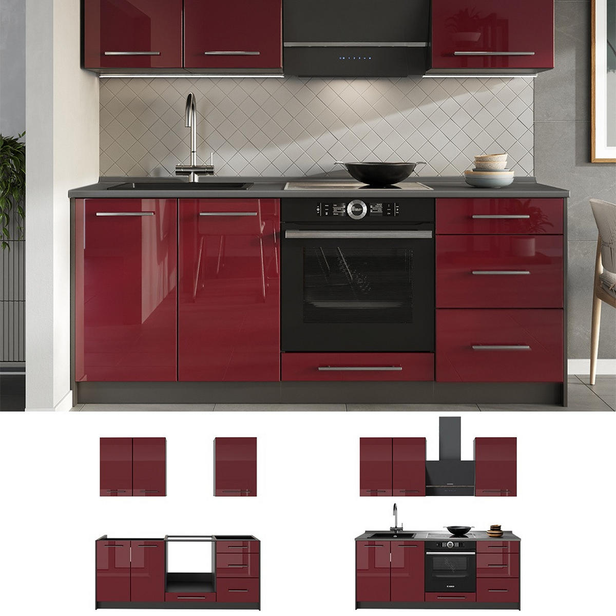 BUCATARIE SINGLE Fame-Line, Bordeaux lucios ridicat/antracit, 190 cm fara blat - bordo/antracit, compozit lemnos (190/206.8/51.6cm) - Vicco