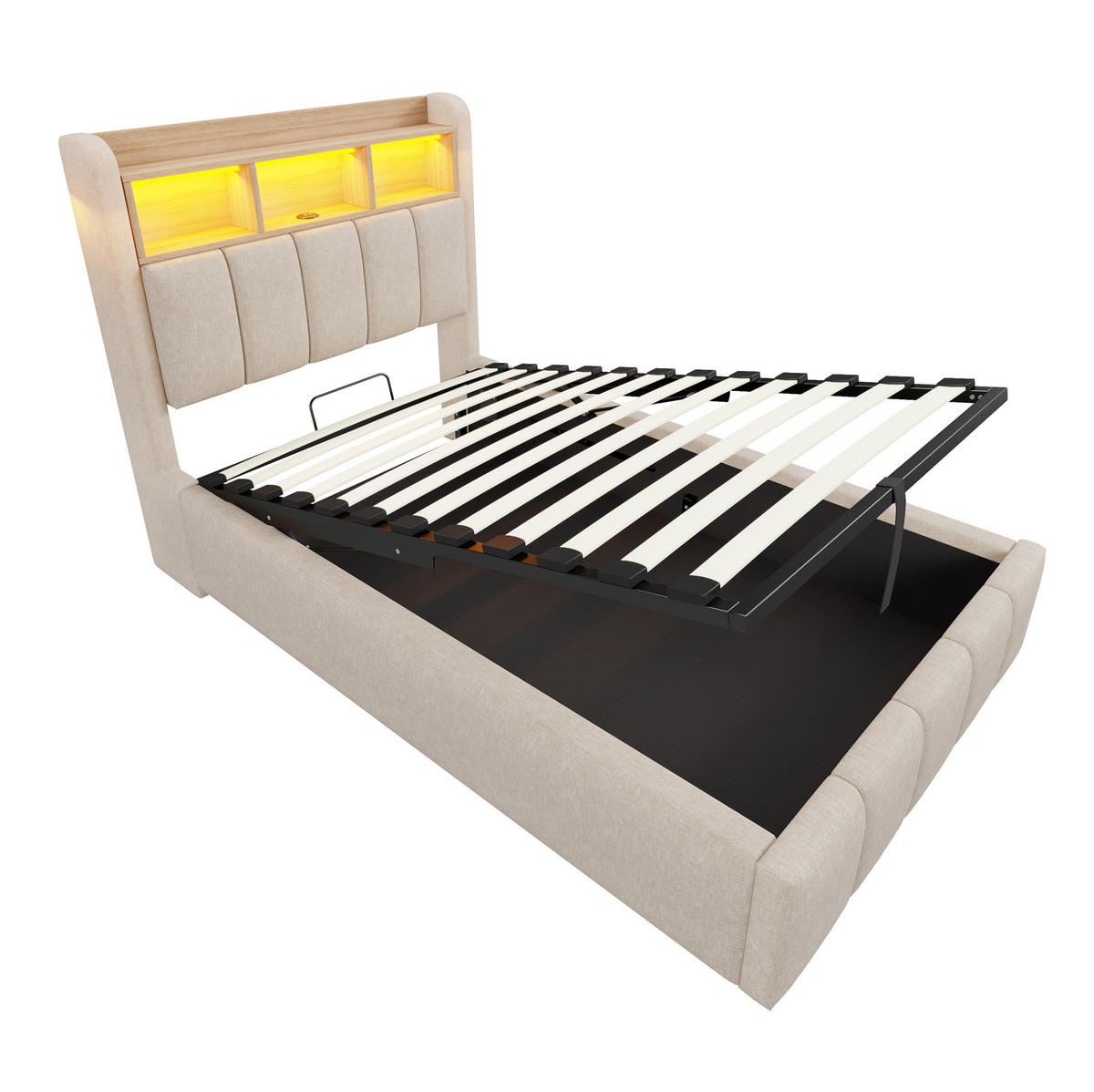 POLSTERBETT 90/200 cm Beige aus Leinenstoff mit LED-Beleuchtung und Stauraum - Beige, Textil (90/200cm) - OKMYHOME