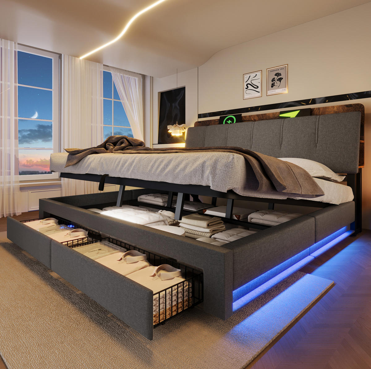 POLSTERBETT mit Stauraum 180x200 cm Leinen Grau mit USB und LED - Grau, Metall (180/200cm) - Meubliv