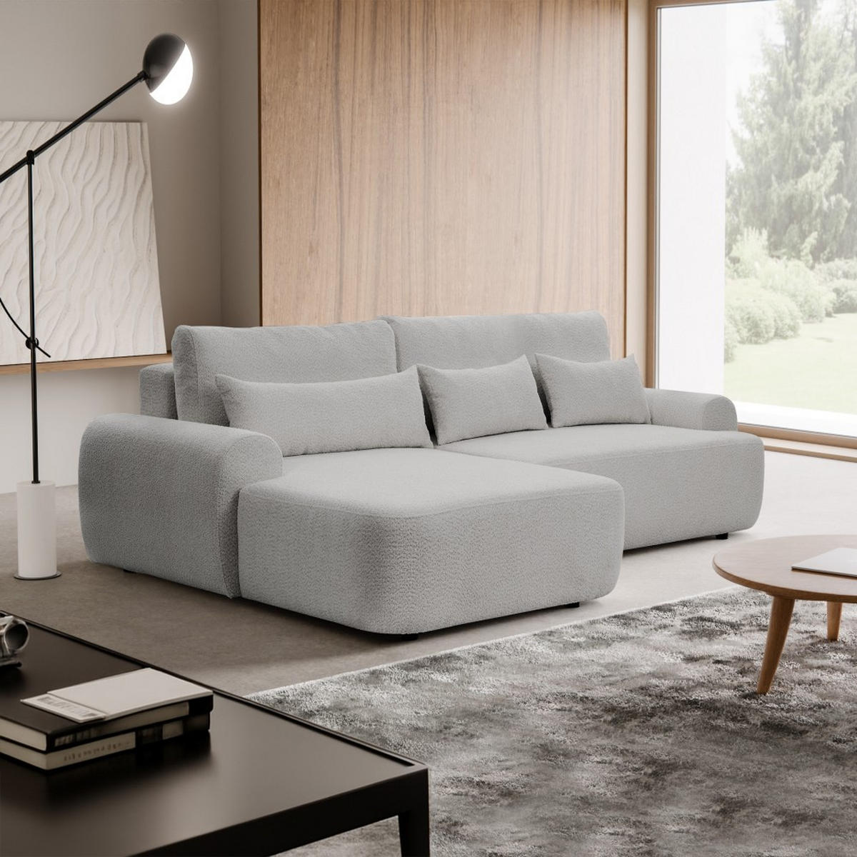 ECKSCHLAFSOFA Oliver im Bouclé-Gewebe, Hellgrau, links - Hellgrau/Schwarz, Textil (266/160cm) - Beautysofa