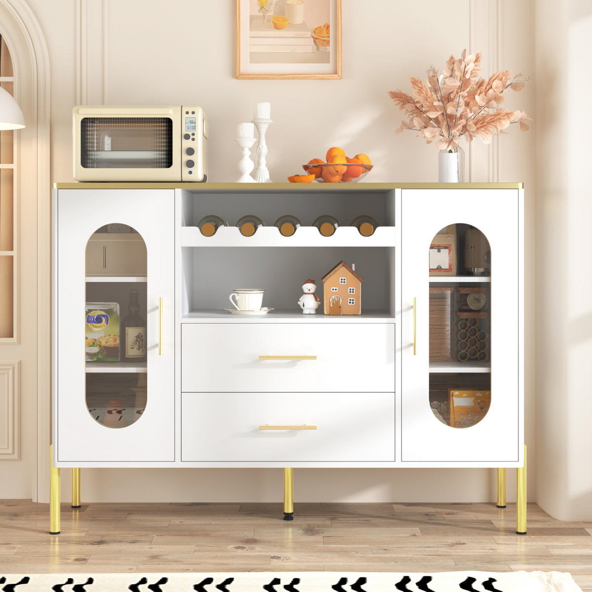 KOMMODE aus MDF 120x38x90cm in Weiß mit Weinregal - Weiß, Holzwerkstoff (120/90/38cm) - Modfu