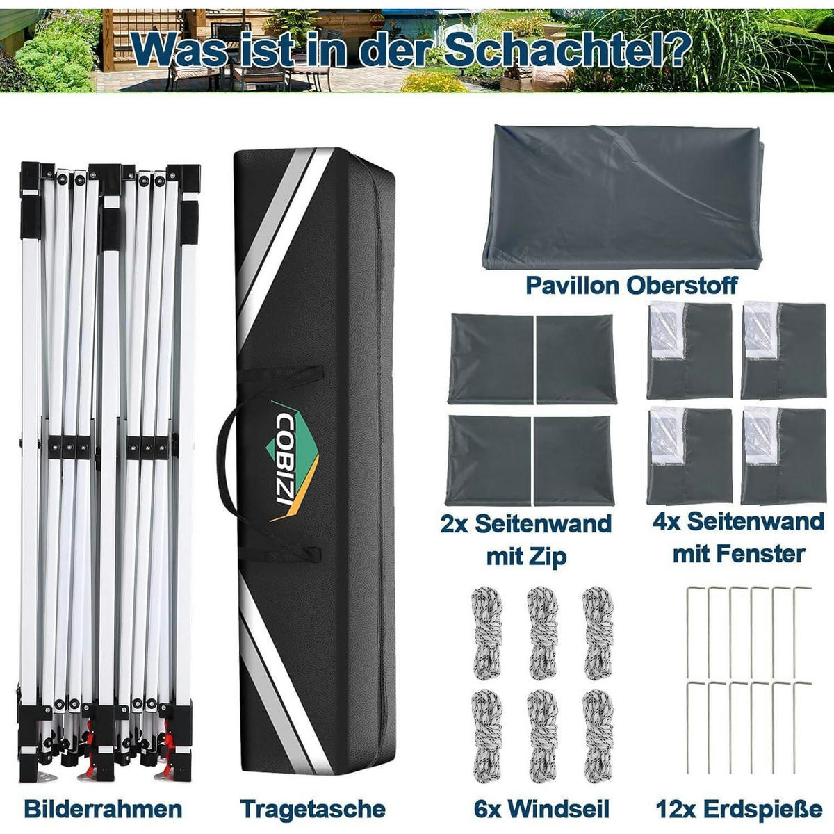 FALTPAVILLON 3 x 6 m Dunkelgrau Wasserdicht mit 6 Seitenteilen - Grau, Textil (300/300/600cm)