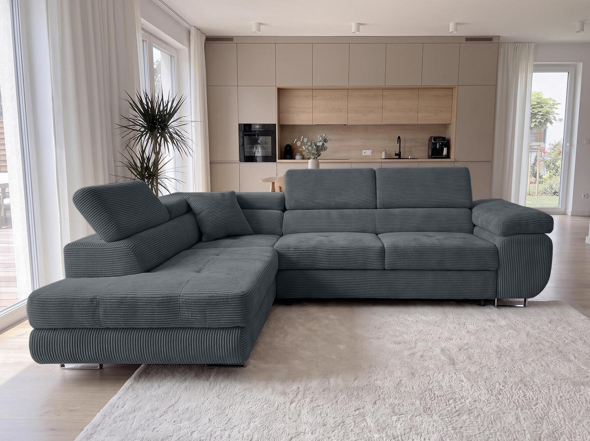 ECKSOFA L Form Konak Dunkelgrau 276/201/90 cm Links mit Schlaffunktion - Dunkelgrau/Silberfarben, Textil/Metall (203/276cm) - AX Living