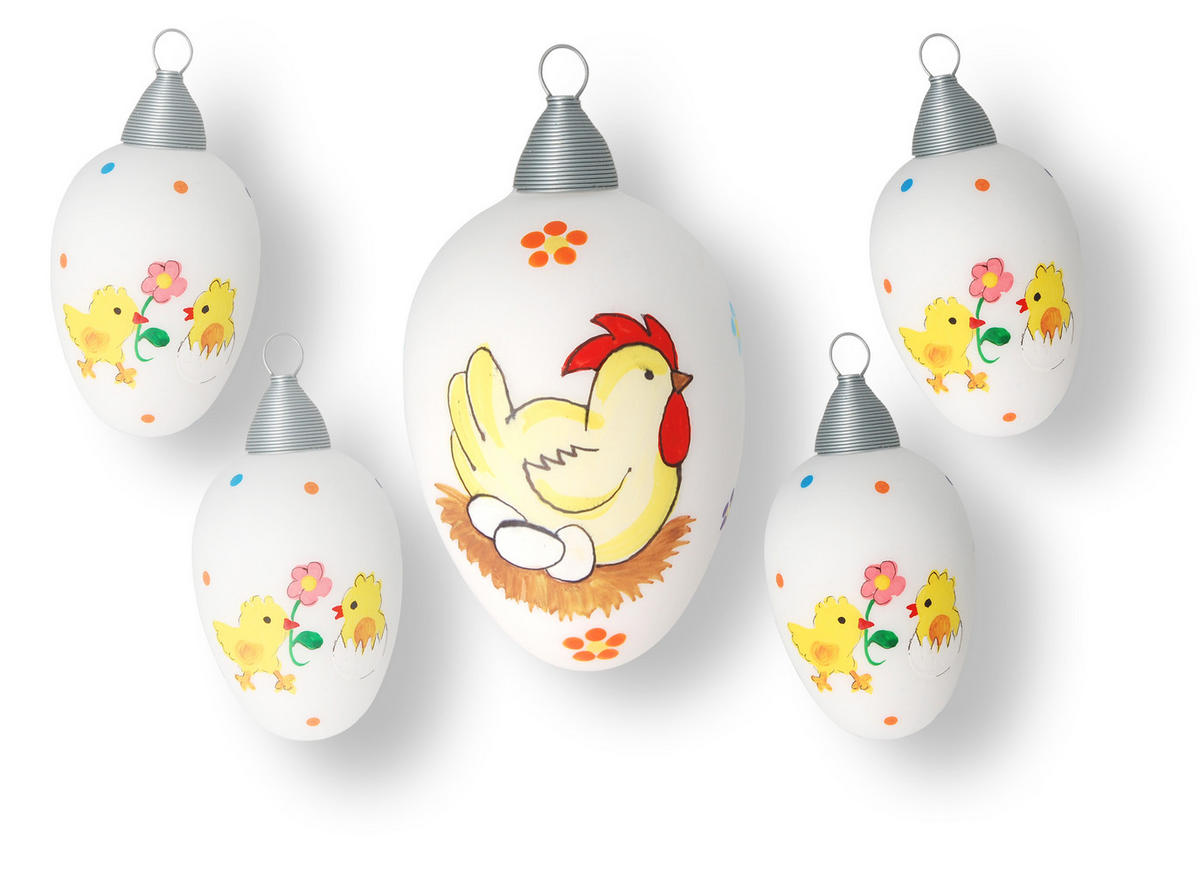 OSTERSET Ostereier Huhn-Dekor Weiß 8cm (Glas / 5 Stk.) - Weiß, Glas (5/8/5cm)