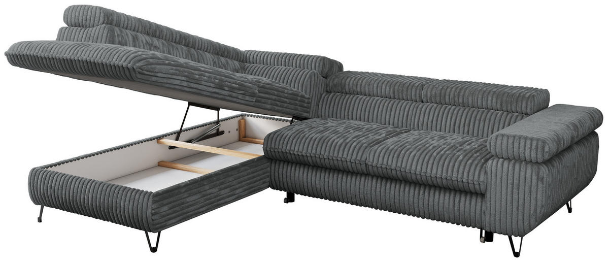 ECKSOFA PETER L Dunkelgrau Cord - Links Seite - Dunkelgrau/Schwarz, Textil/Metall (208/273cm) - MKS