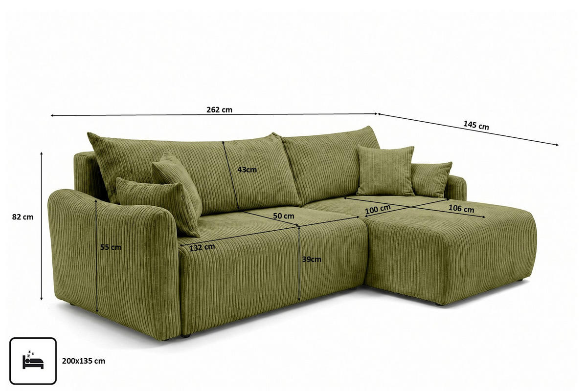 ECKSOFA Mit Schlaffunktion, Cordstoff Poso, Olive, Rechts, JAPANDI - Olivgrün, Holz (262/145cm) - Kaiser Möbel