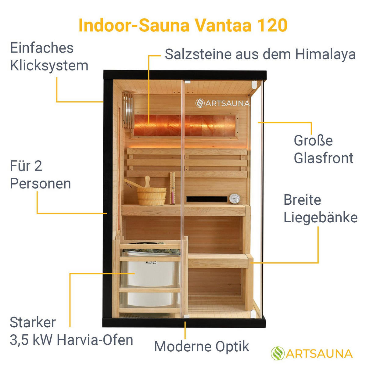 SAUNA Vantaa 120 x 120 cm mit 3,5 kW Saunaofen - Naturfarben, Holz (120/190/120cm) - Artsauna