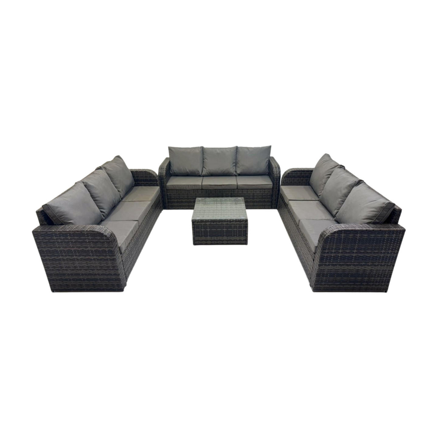 GARTENMÖBELGARNITUR mit KISSEN Polyrattan Dunkelgrau 9-Sitzer - Dunkelgrau/Grau, Glas/Kunststoff - Fimous