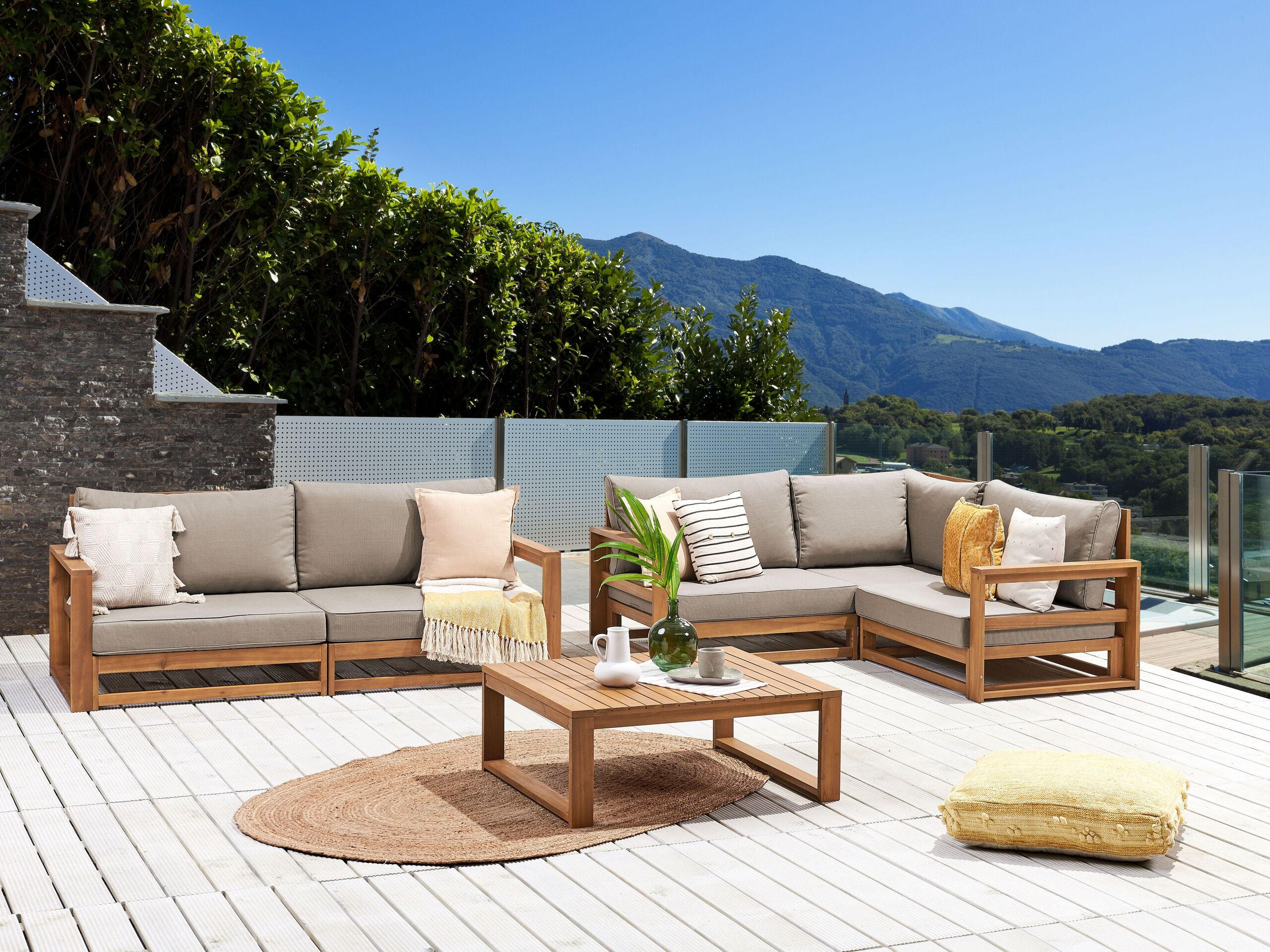 4-SITZER LOUNGE SET zertifiziertes Holz hellbraun Auflagen taupe Timor II - Taupe, Holz - Beliani