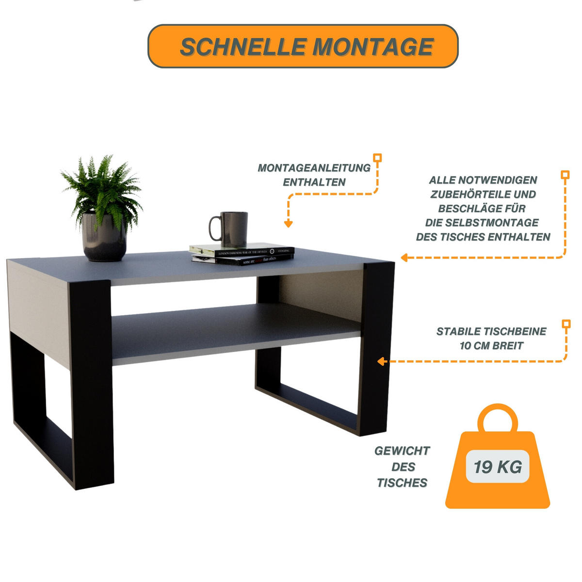 COUCHTISCH Holzwerkstoff rechteckig stabil Dunkelgrau 45/53,6/92cm - Dunkelgrau/Schwarz, Holzwerkstoff (53.6/92/45cm) - CraftPAK