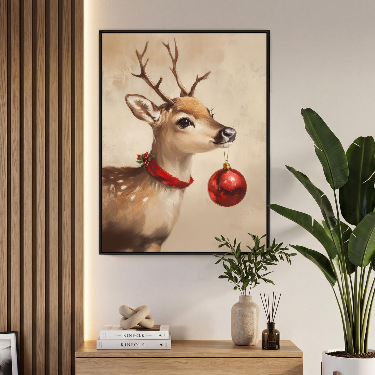 LEINWAND Bilder mit Rahmen - Weihnachten - Hirsch - Geweih - Weihnachtskugel - Rentier - 70x100 - Hellbraun, Textil (70/100cm) - MuchoWow