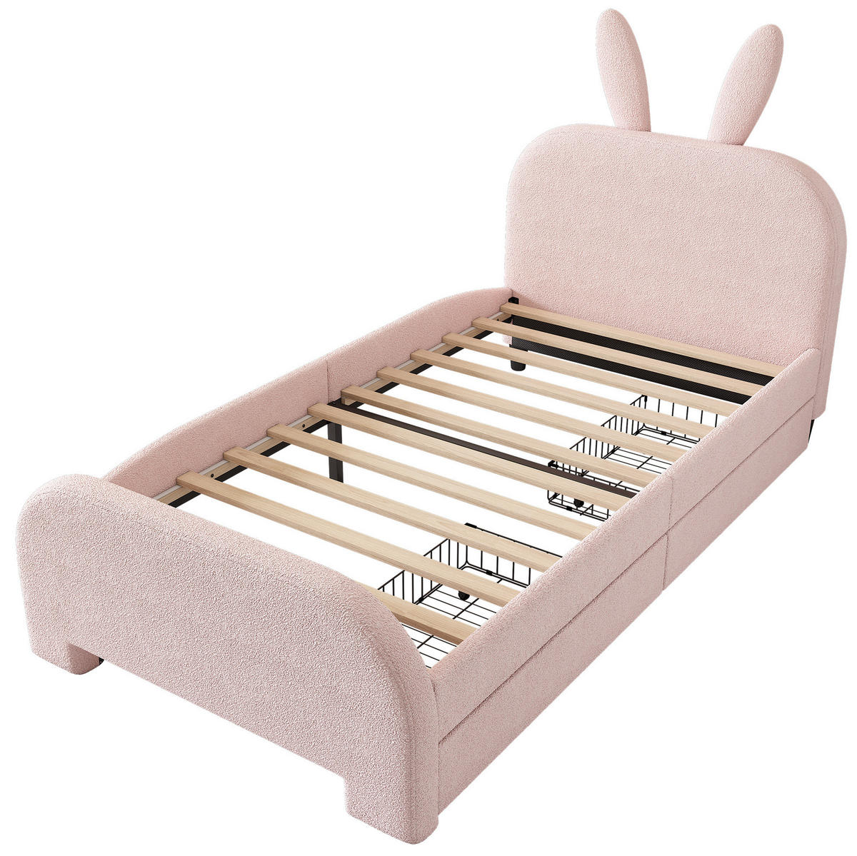 KINDERBETT Kindereinzelbetten 90/200 cm mit 2 Schubladen, gepolstertem Kaninchen-Kopfteil und MDF-Gestell, Rosa - Rosa, Textil (90/200cm) - Redom