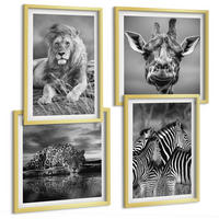 BILDER SET 4er Set - 50x50 cm & 40x60 cm Goldrahmen - Wildtiere Löwe Jaguar Giraffe Zebras - Goldfarben, Kunststoff (50/50cm) - TULUP